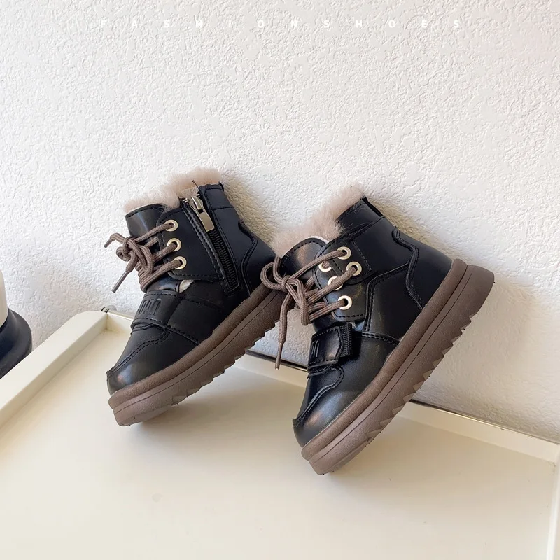 

New Children Snow Boots 2025 Autumn/winter Fashion Boys Girls Warm Plush Cotton Booties Non-slip Kids Leather Boots Outdoor Shoe