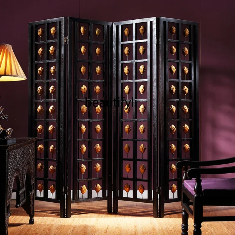 New Chinese Style Solid Wood Subareas Screens Living Room Double-Sided Painted Mobile Accordion Partition Push-Pull