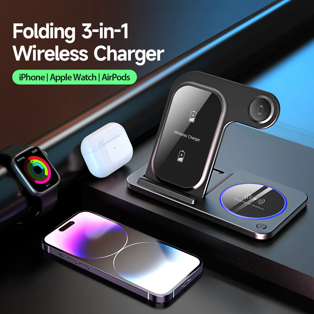 30W LED Fast Wireless Charger Stand 3 in 1 Foldable Charging Station For iPhone 15 14 13 12 11 Apple Watch 9 8 7 6 5 Airpods Pro