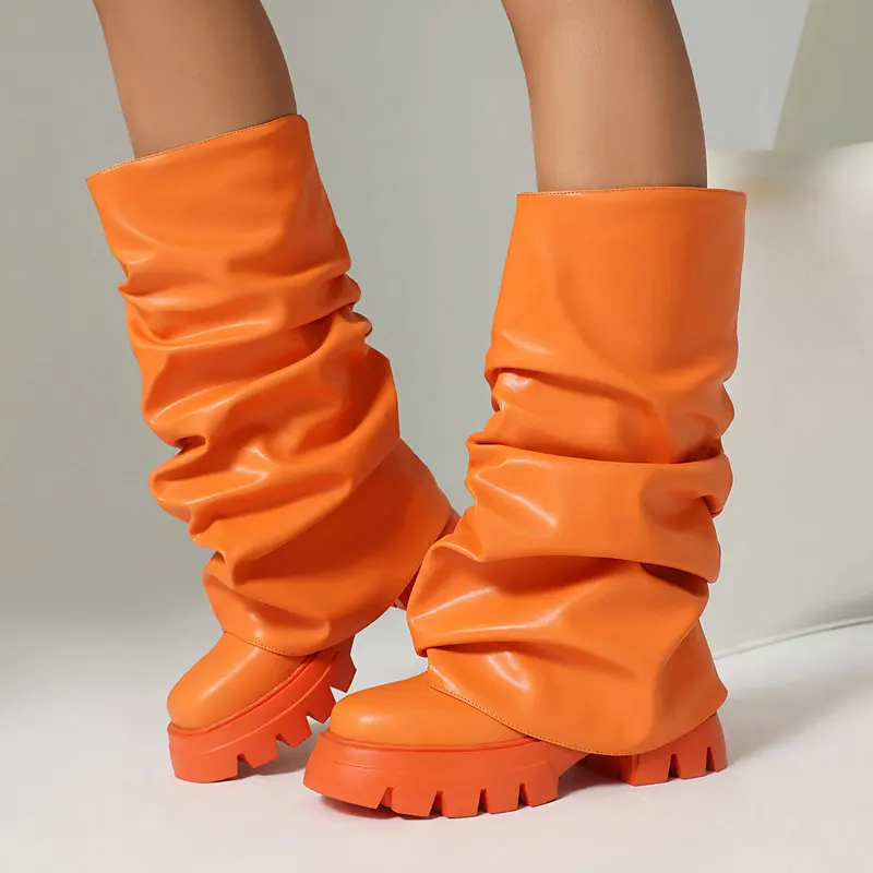 

Women's Pleated Ruched Knee High Boots Y2K Style Thick Sole Platform Chunky Heel Slip on Sloudy Boots Fashion Streetwear Shoes