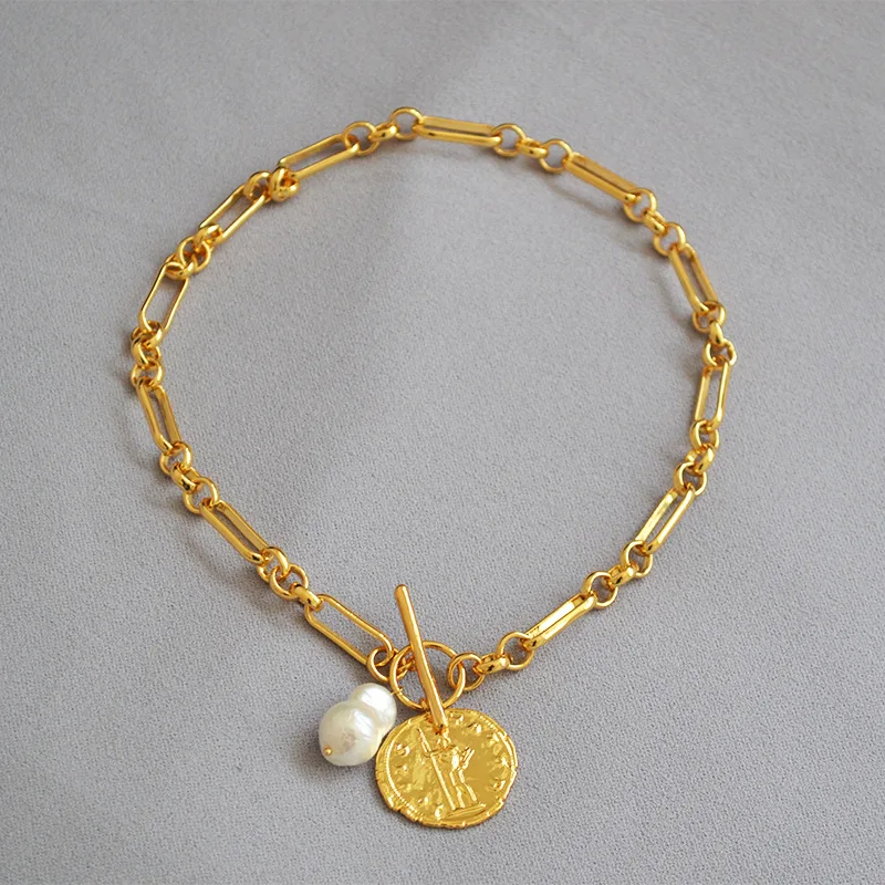 

Personalized and Flamboyant Necklace Featuring Brass Chains Retro Coin And Fresh Water Baroque Pearls Pendants Necklace M082