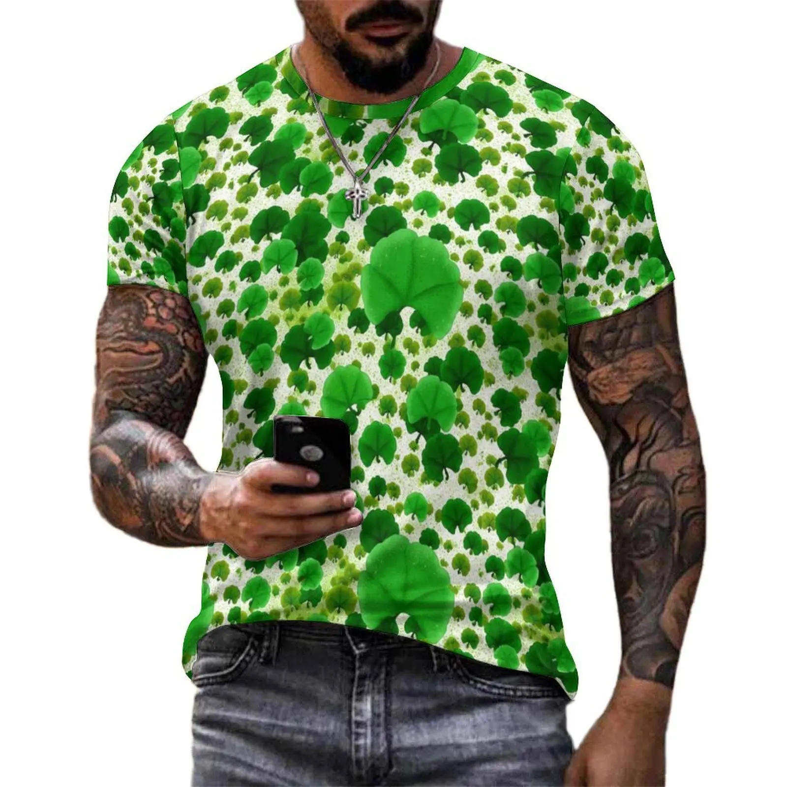Layered Green Clover Texture Print T-Shirt Men Design O Neck T Shirts Summer Trendy Tops Short Sleeve Streetwear Oversized Tees