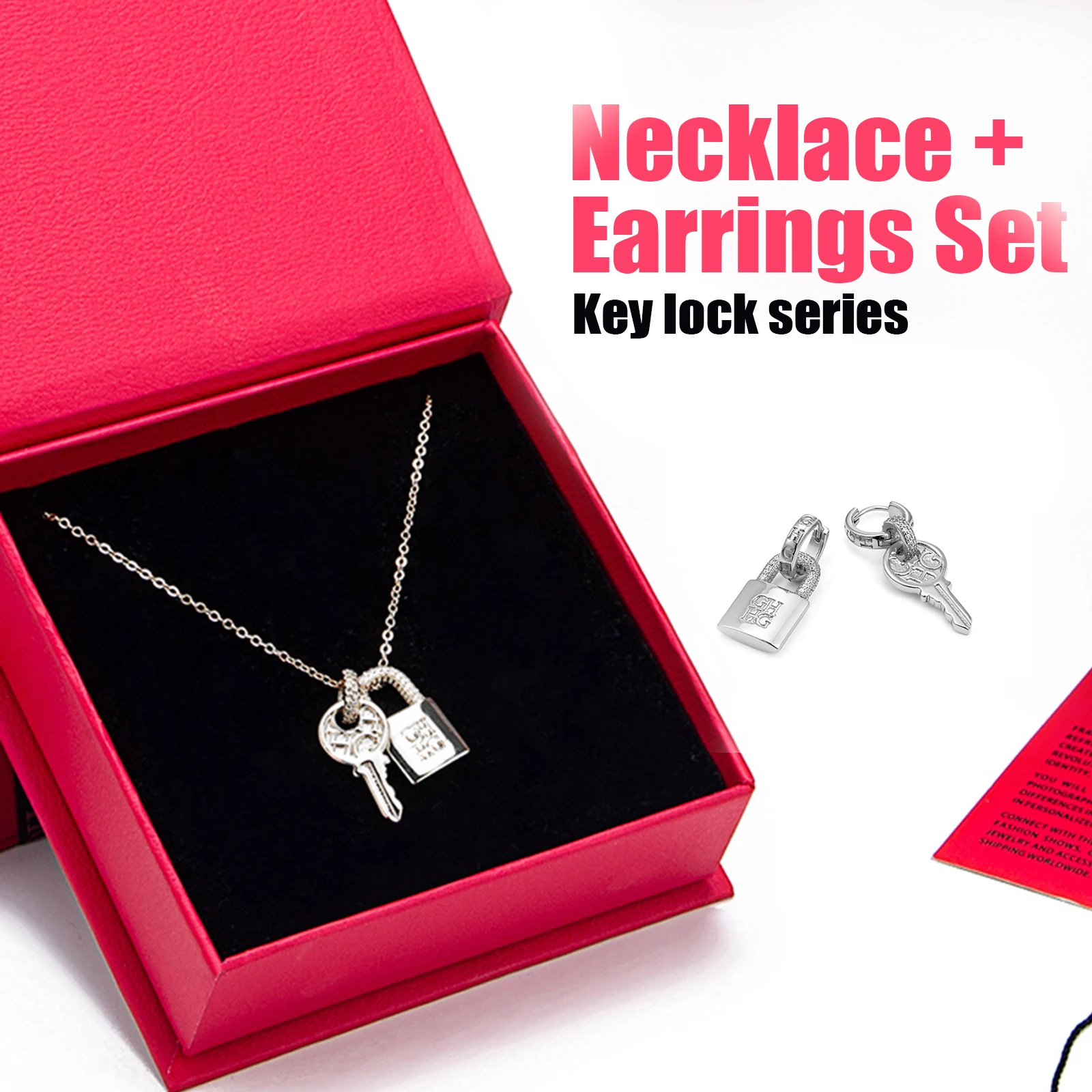 CHic Key and Lock Jewelry Set for Women Asymmetric Earrings Necklace Brass Zircon Romantic Couple Gift Party