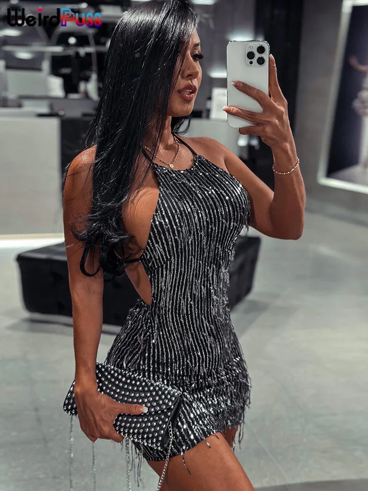 

Weird Puss Glitter Sexy Women Party Dress Coquette Sequins Sleeveless Backless Halter Prom Short Bodycon Birthday Rave Clubwear