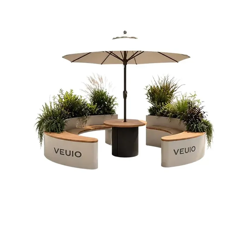 Metal Outdoor Planter Bench with Table Umbrella Hole Patio Garden Seating Commercial Cafe Furniture