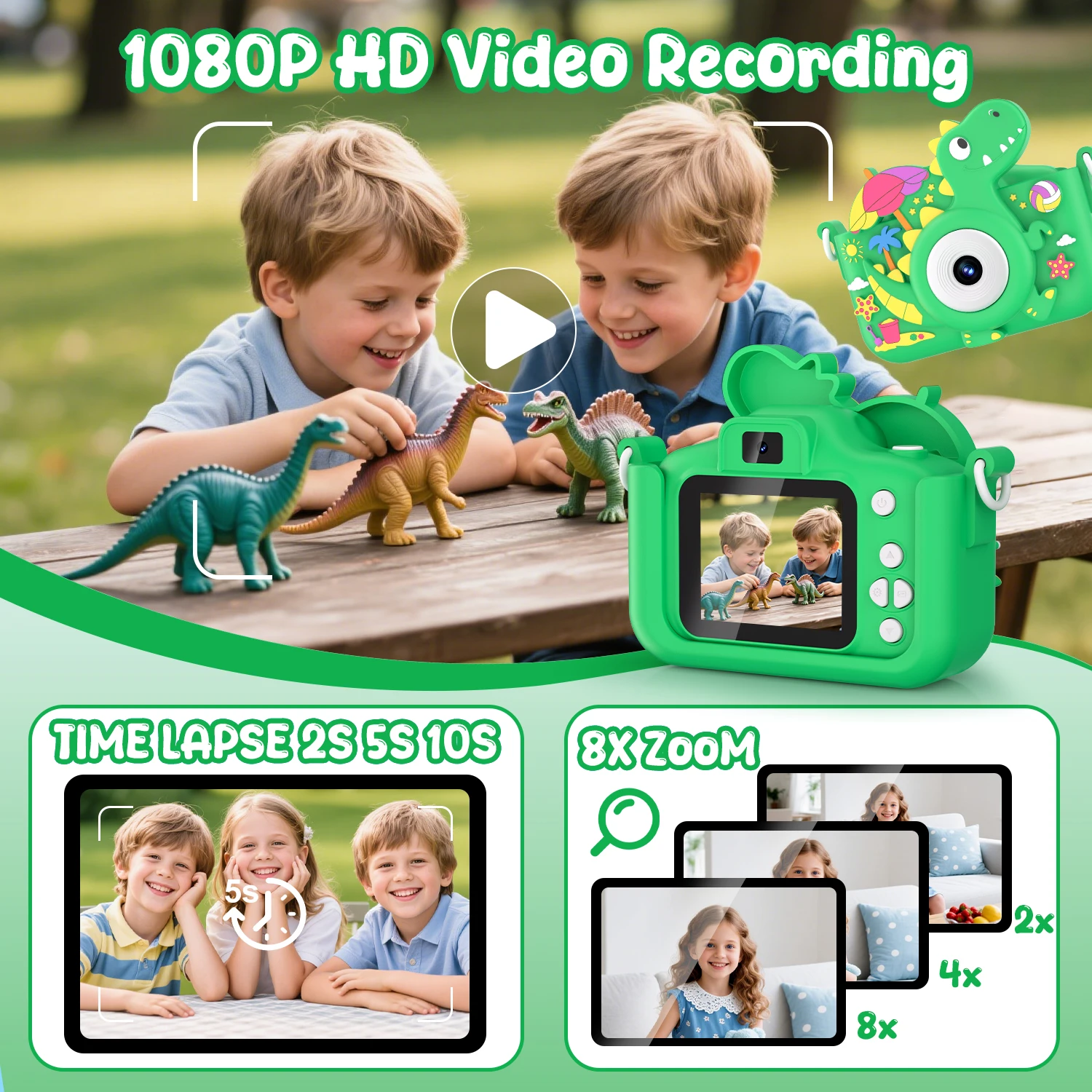

Kids Dinosaur Mini Camera Toys 1080P HD Vlogging Photography Camera with 32GB Card for Christmas Birthday Gifts
