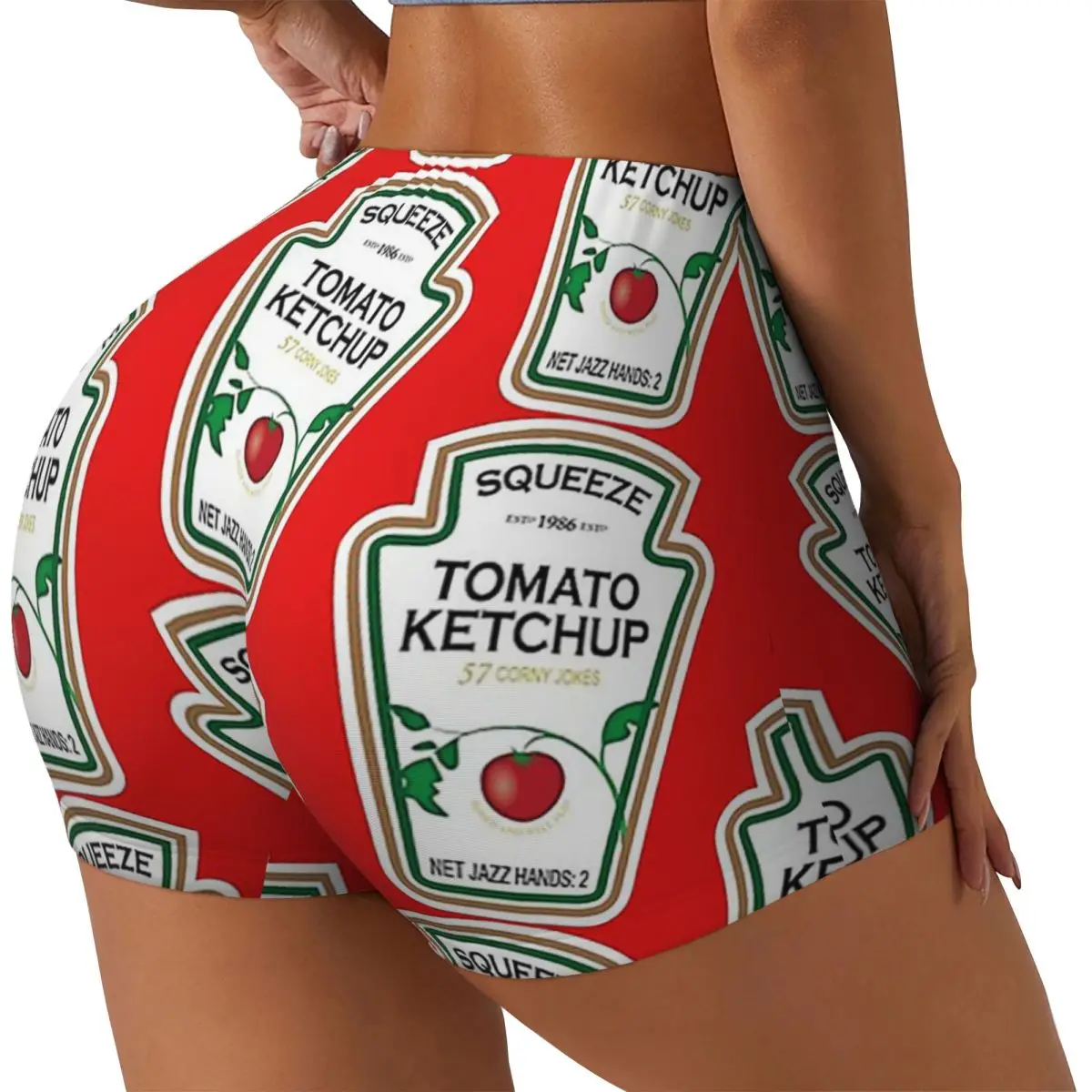 

Пользовательские забавные шорты для бега с этикеткой кетчупа, женские шорты для тренировок в тренажерном зале, спортивные шорты для волейбола, байкера, йоги