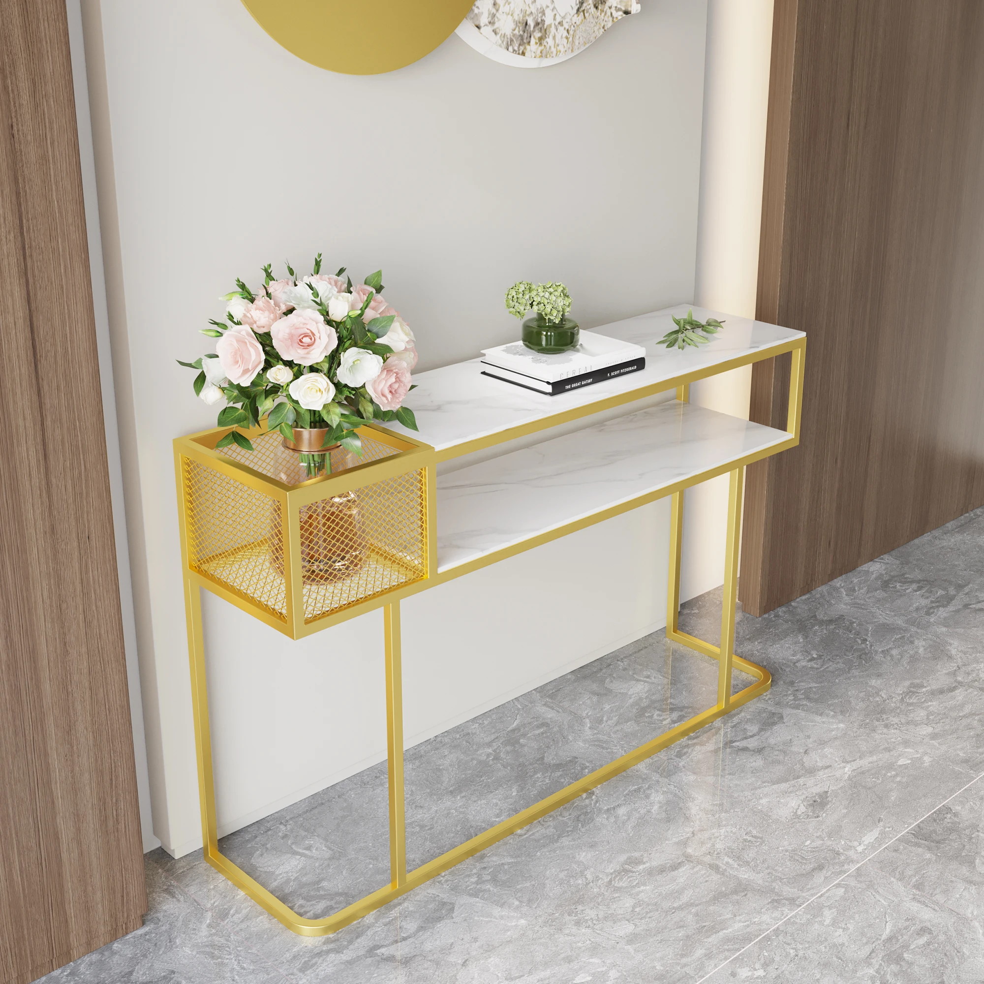 

Light luxury marble entrance table against the wall wrought iron living room entry decoration end view entrance table strip tabl