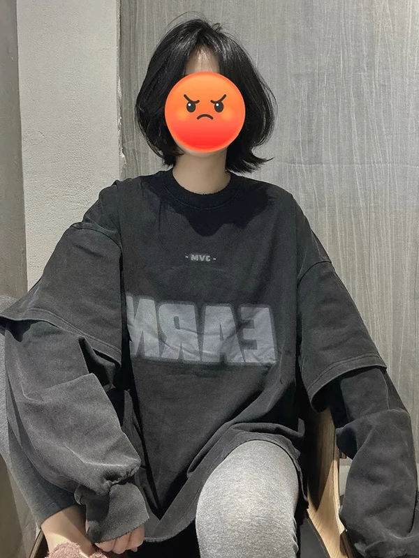 

plus Size 300 Pou Autumn Winter Waed Loose Fake Two-Piece T-irt Women's Street Sle Long Sve Printed Top Trendy