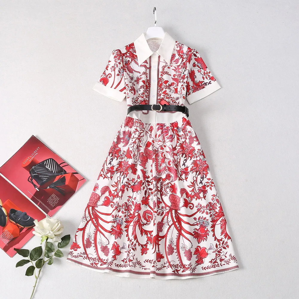 

European and American women's clothing new summer lapel Short sleeve vintage print belt Fashion dress XXL