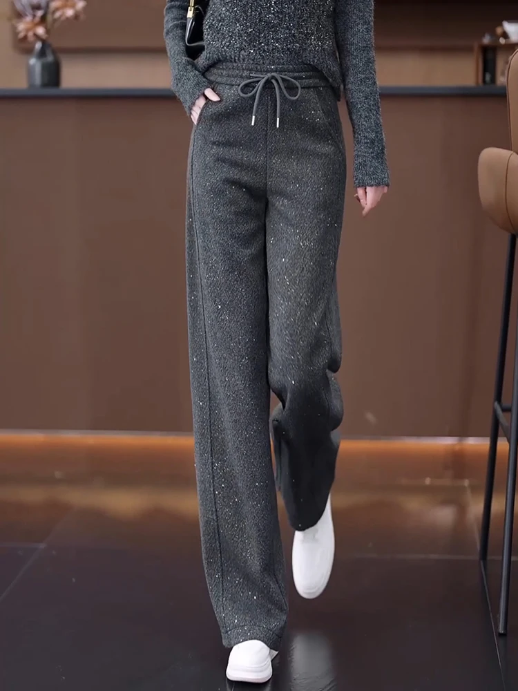

Женские брюки с высокой талией и широкими штанинами, осенне-зимняя новинка, повседневные, в клетку, на флисовой подкладке, прямые, с блестящими пайетками