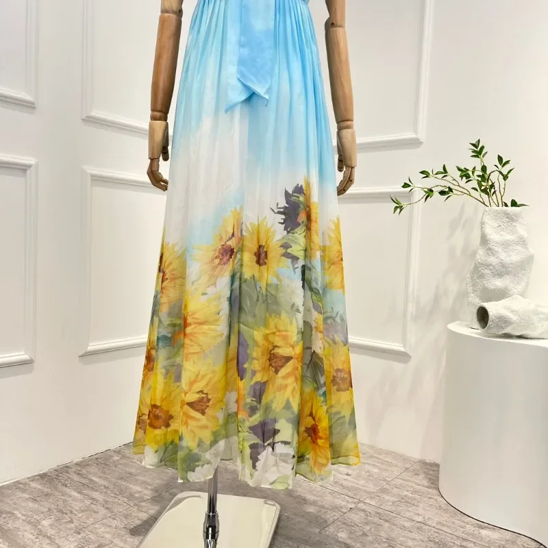 Draped Bodice Pleated Voluminous Skirt Maxi Dress Top Quality Gorgeous Beach Style 2025 New Collection Halterneck Print