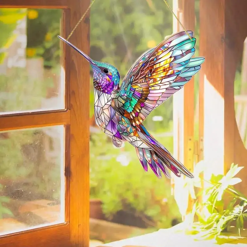 Colorful Hummingbird Pendant Acrylic Window Hangings Birds Wind Chimes Garden Wind Sun Catcher Crafts Bird Deterrent Decoration