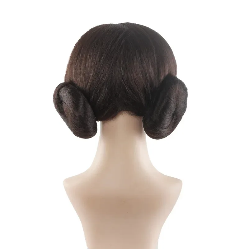 Peluca de Cosplay CyPrincess Leia Organa Solo, peluca corta de Cosplay marrón con 2 bollos para mujer, peluca de pelo sintético resistente al calor