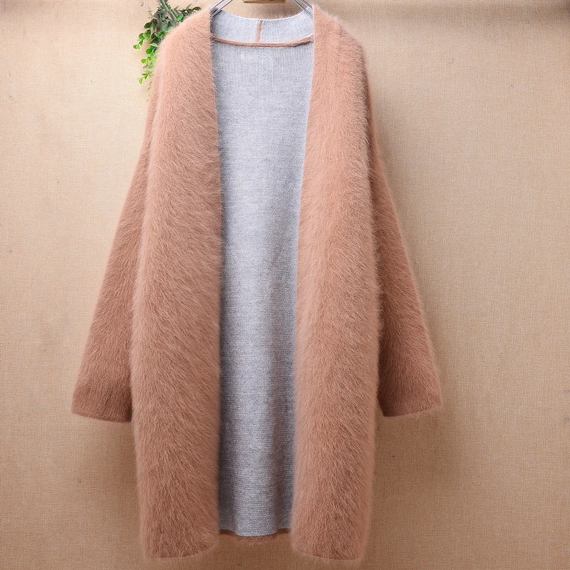 01 Female Women Fall Winter Thick Warm Hairy Mink Cashmere Knitted Long Sleeves Loose Long Sweater Angora Fur Cardigans Jacket