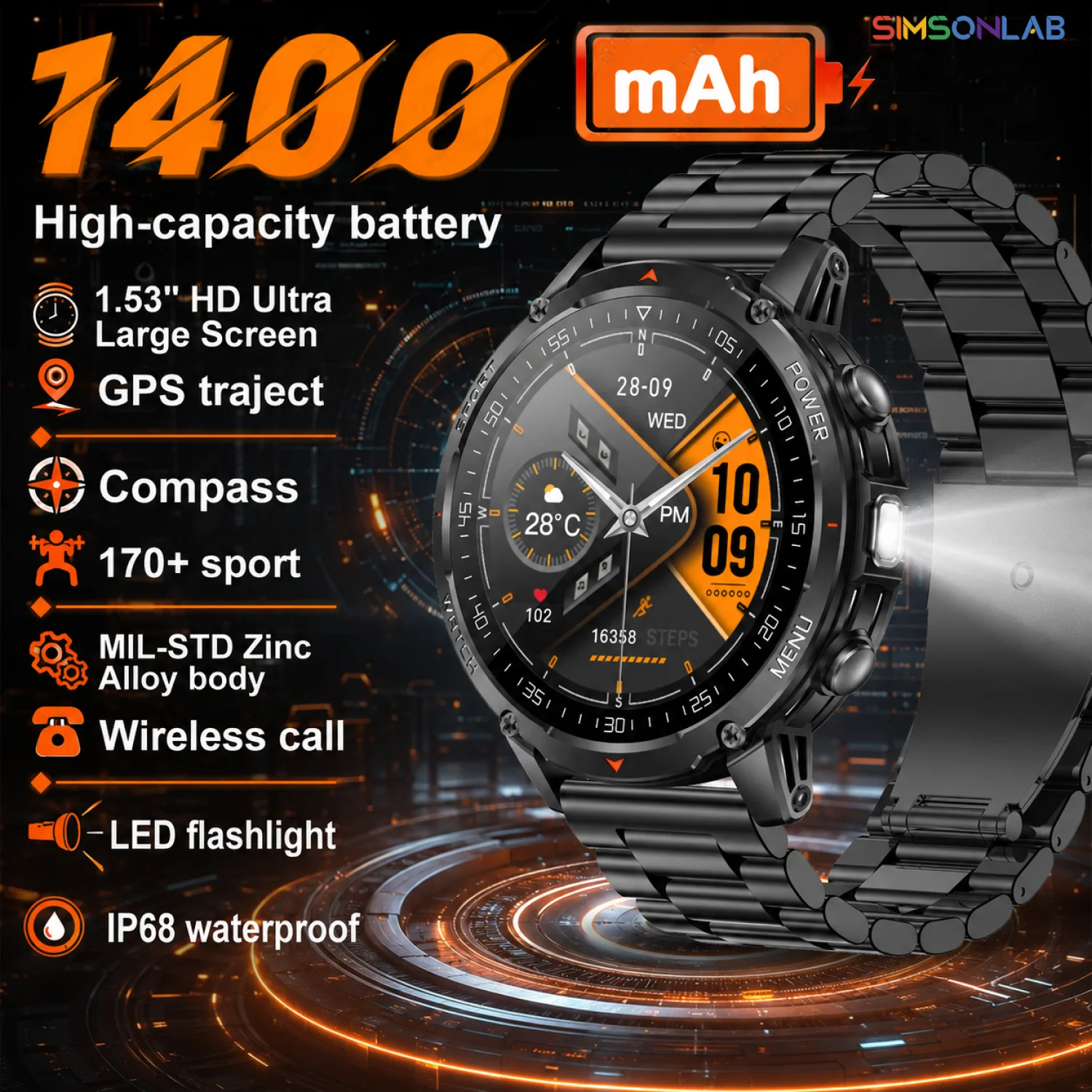 Reloj inteligente militar con GPS para hombre, 1400mAh, pantalla AMOLED de 1,53 pulgadas, resistente al agua 10ATM, reloj con llamada SOS, linterna, iOS, novedad de 2026