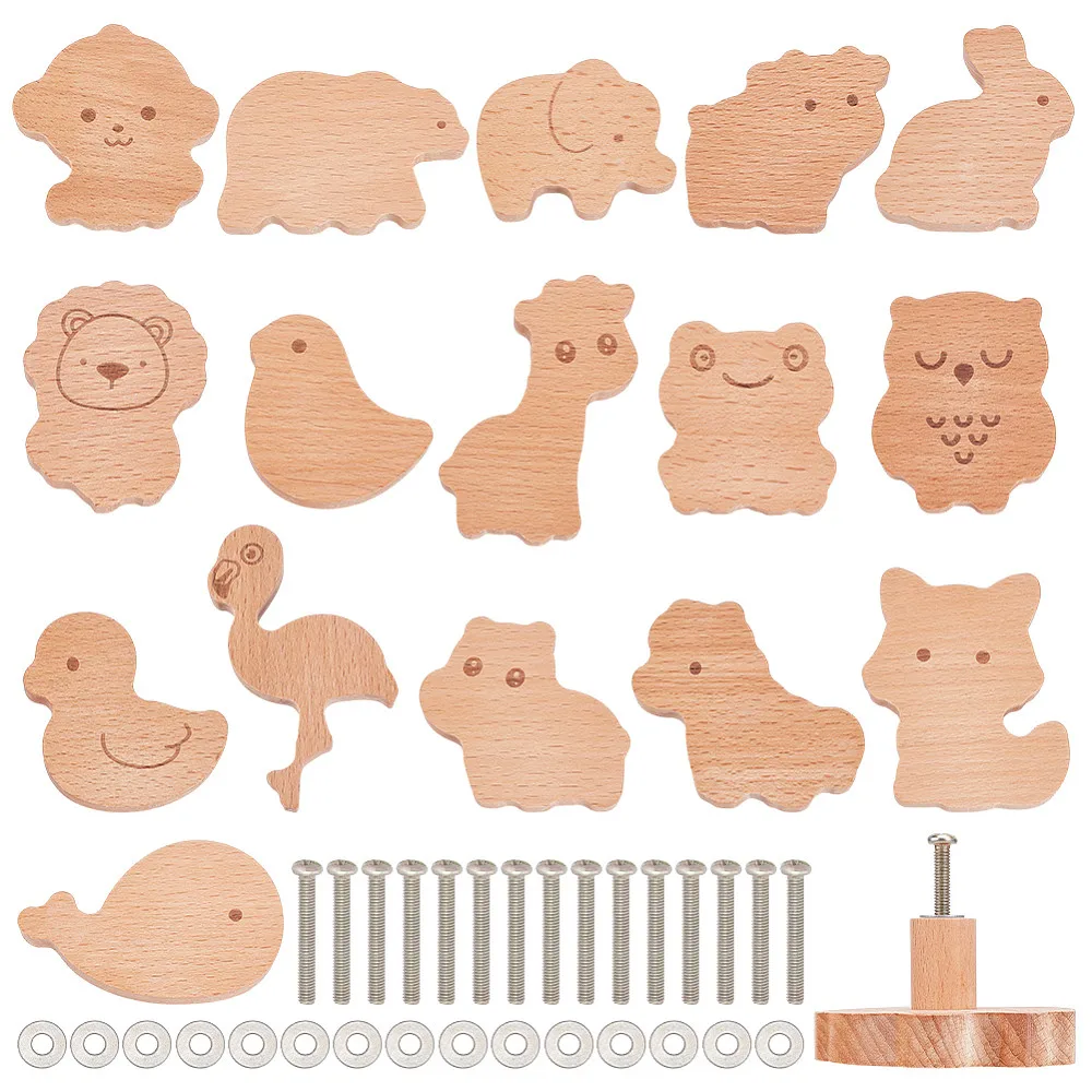 16個入り-16種類-木製引き出しノブ-ネジ付き-キャビネットプルハンドル-引き出しドアノブアクセサリー-混合形状-49~75x48~86x13mm