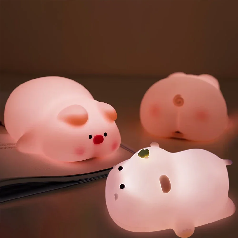 Silicone LED Night Light Cute Pig Hippo Touch Sensor Lamp USB Rechargeable Timed Bedside Decor Kids Nightlight Birthday Gift