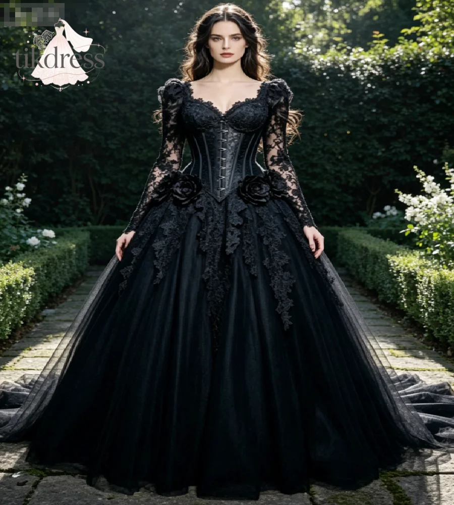 Victorian Black Gothic Wedding Dress 2027 Long Lace Sleeve Corset Bodice 3D Black Rose Appliques Bridal Gown Dark Romantic Party