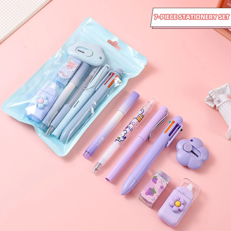 Kawaii Stationery 7-piece Set(6-color Ballpoint Pen Gel Pen Pencil Marker Utility Knife Correction Tape Eraser) Student Souvenir