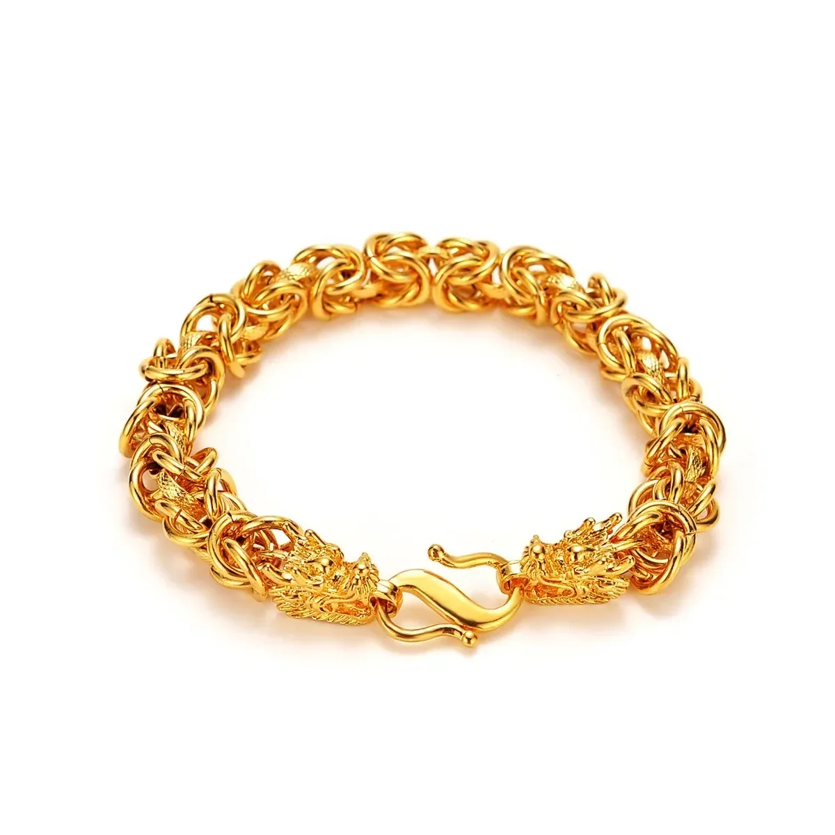 24K gold real 999 National style retro heritage men's twist weave bracelet transit beads filigree dragon head zodiac string