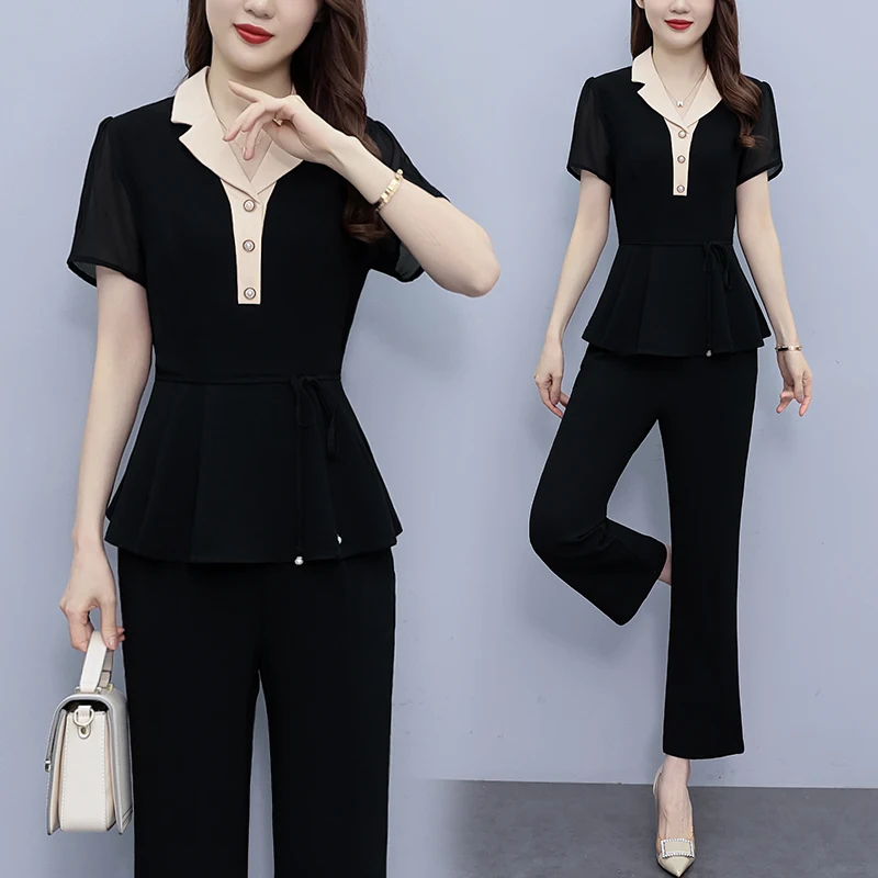 Women Summer Clothing Sets 2023 New Wide Leg Pants & Blazer Collar Slim Patchwork Top 2 Pieces Outfits Office Lady Pantsuits