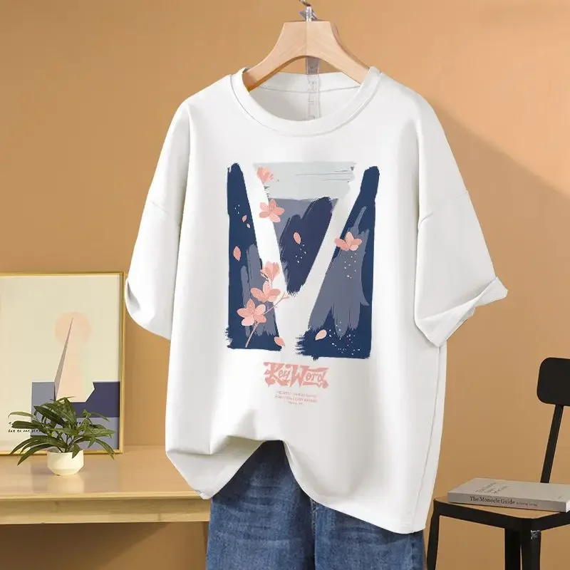 

Women's Short Sleeve Chic Y2k Printed T-shirt Summer Loose O-neck Pure Cotton Basics Top Casual Comfortable Pullovers