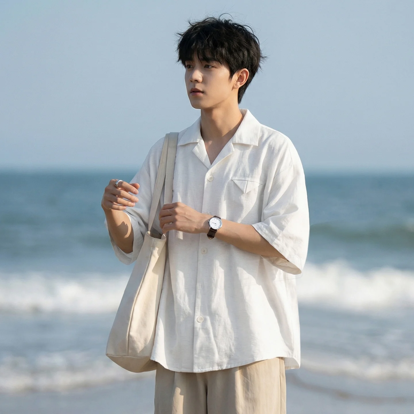 TFETTERS 2026 Summer New Beach Casual Cuban Collar Shirt Men Solid Color Linen Texture Loose Droop Short Sleeve Blouse for Man