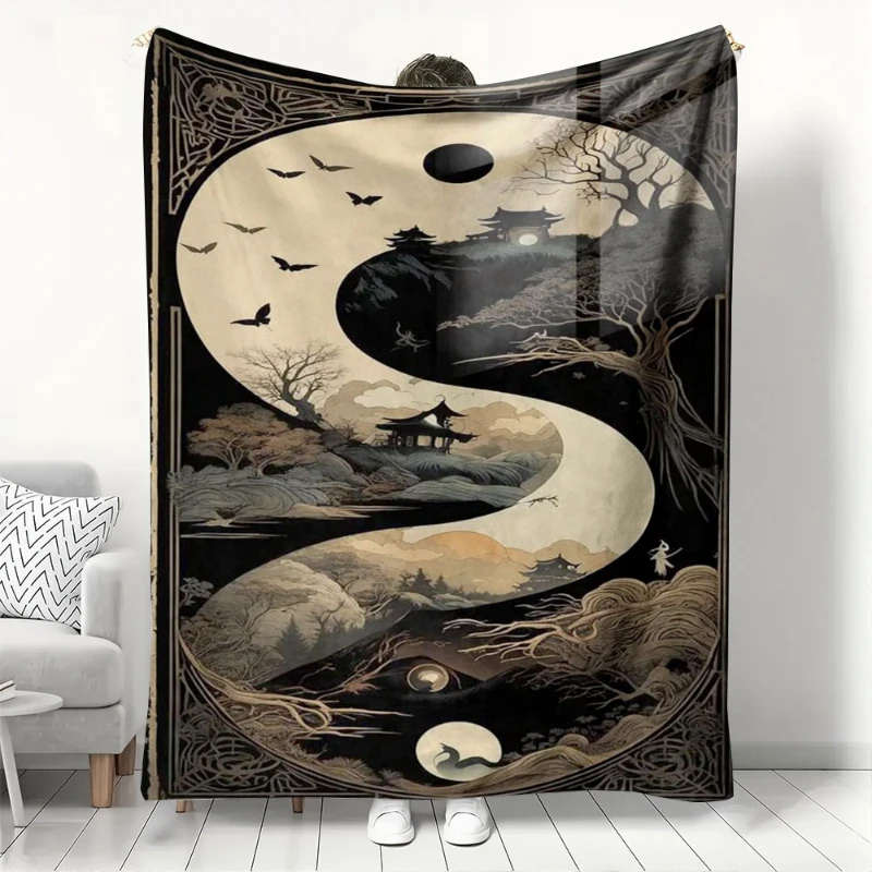 Yin-Yang Asian Landscape Pattern Flannel printed blanket suitable for all seasons suitable living room office sofa and travel