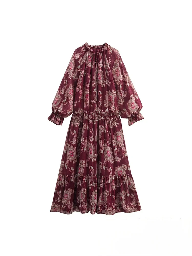 KONDALA Abito lungo in chiffon con stampa floreale rossa vintage Manica lunga O Collo con volant Abito ampio Moda 2025 Abito Boho primavera autunno