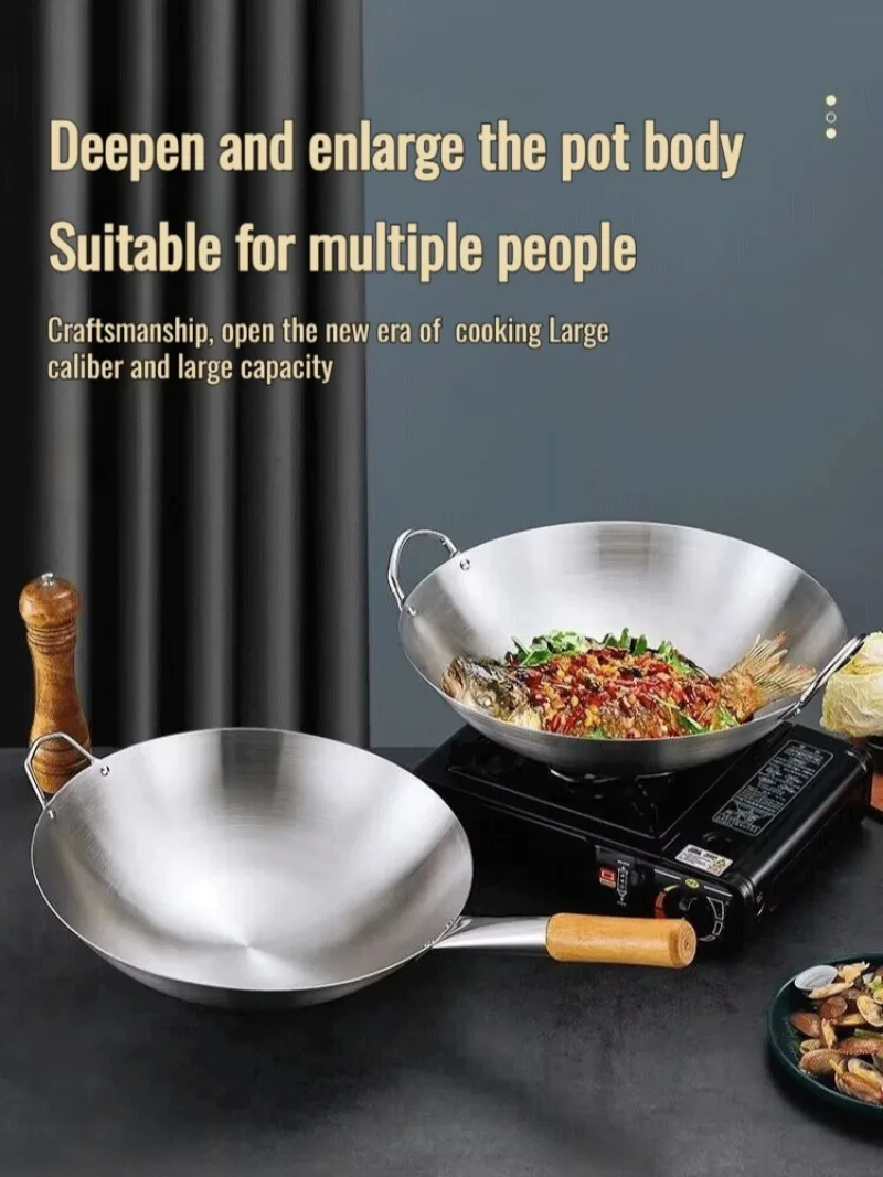 Kitchen Thickened Stainless Steel Wok -Non-stick Stir-fry Pan,Only for Gas Stoves,Practical for Home Daily Stir-frying &