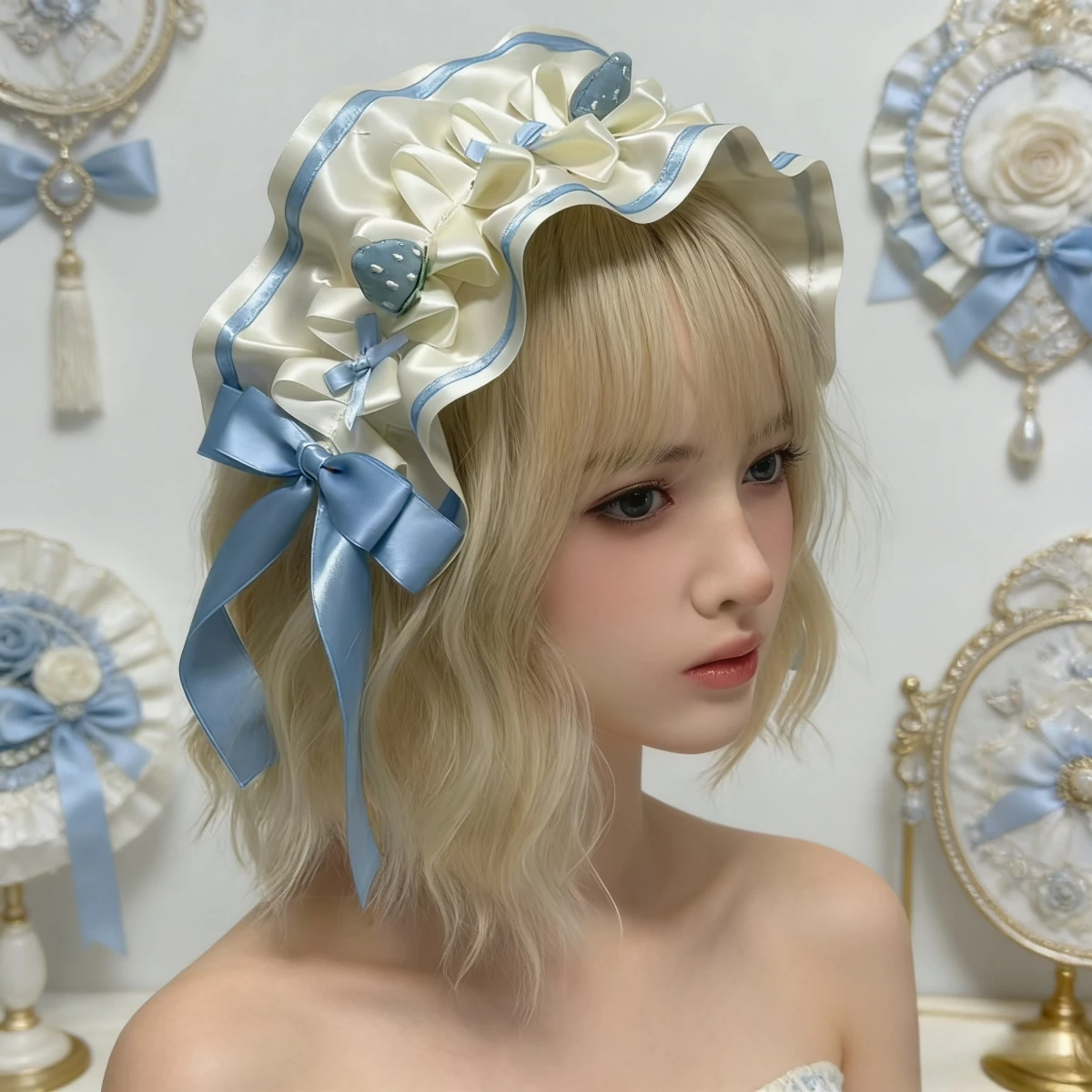 Kawaii süßes japanisches Subkultur-Lolita-Haarband, weinroter Erdbeer-Kuchen-Schleifen-Haarreif, handgefertigtes Haarband-Accessoire für Damen und Mädchen – Detail 8
