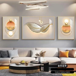 3 Panel Light Luxury Feather Canvas Painting Abstract Feng Shui Geometry Gold Deer Posters Prints for Living Room Wall Decor