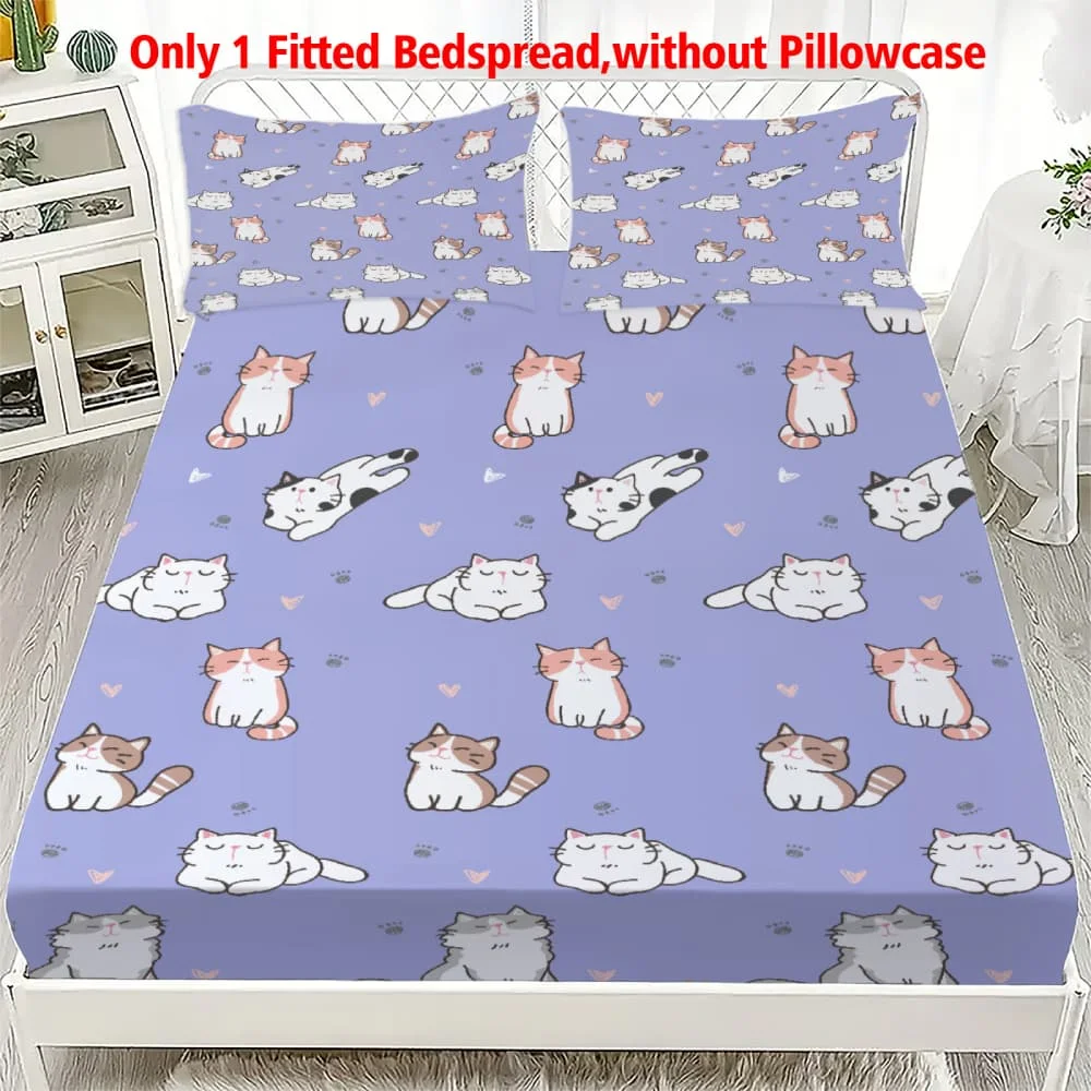 1pc Cute Cartoon Cats Print Fitted Sheet Deep Pocket Elastic Mattress Cover Single Double Queen King Bedroom Decor
