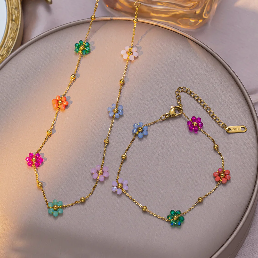 IFYOUOO Colorful Crystal Flower Chain Stainless Steel Necklace Bracelet Set Plating Waterproof Jewelry For Ins Exquisite Jewelry image 2