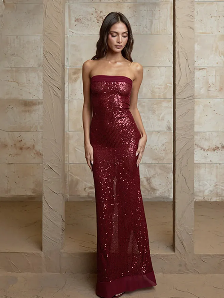 Elegant Red Sequins Off Shoulder Maxi Dress Women Sexy Backless Back Split Bodycon Long Dresses 2024 New Prom Club Party Robes