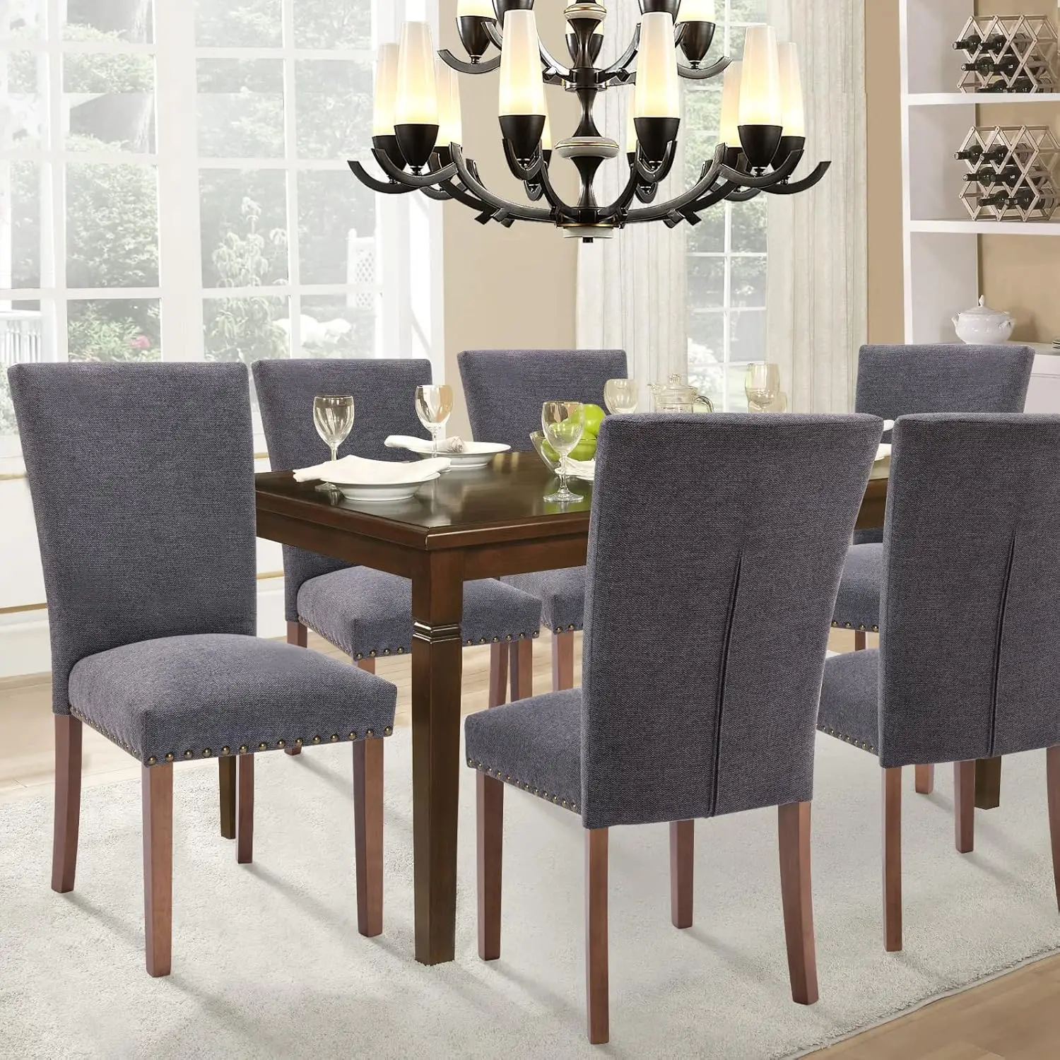 Parsons Dining Chairs Set of 6 Upholstered Nailhead Dining Room Kitchen Side Chair with Thick Cushions and Wood Legs Dark Grey