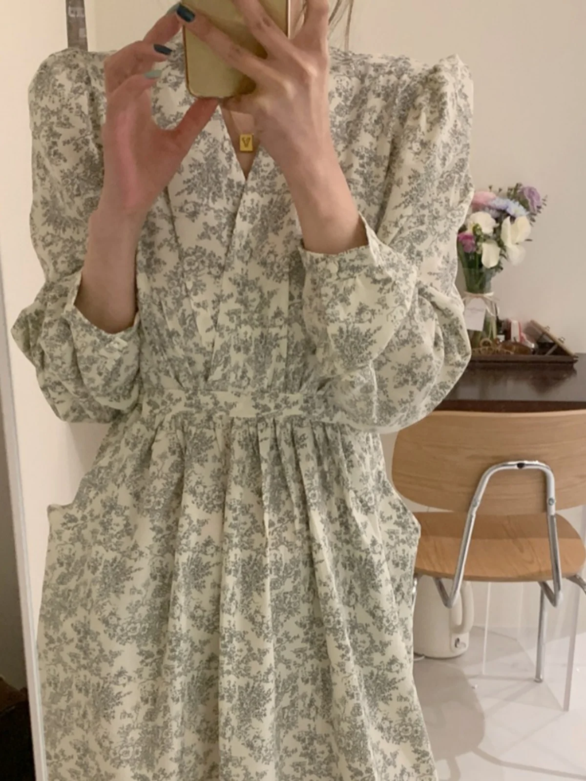 High Waist V-Ne Floral Long Dr Korean Sle Tea Break Skirt Women's Ele A-Line Gown Autumn Season Long Sve