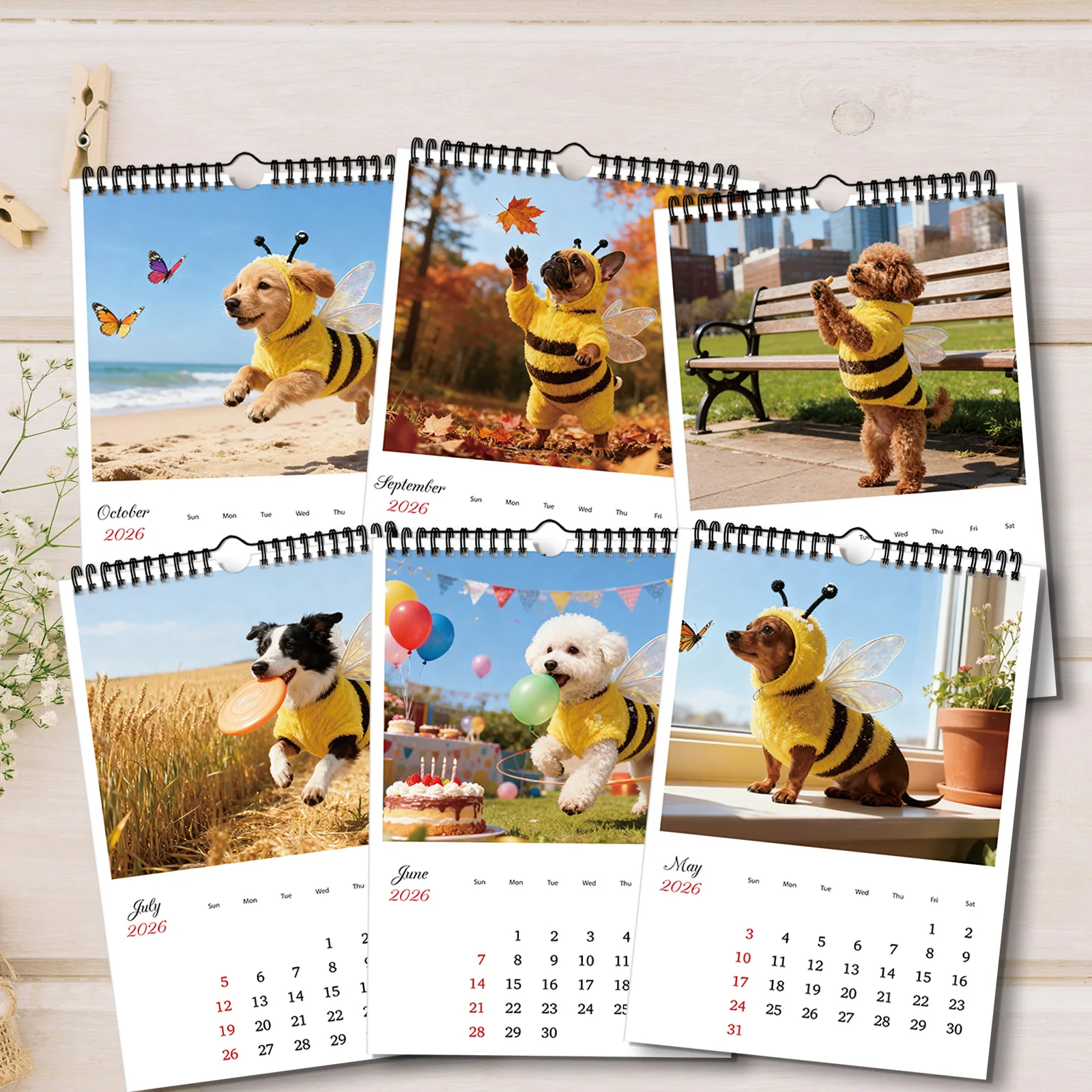 ปฏิทินสุนัขน่ารักธีมผึ้ง 1 ชิ้น ปี 2026 เหมาะสำหรับตกแต่งบ้านของคนรักสัตว์เลี้ยง ทำเป็นของขวัญธีมสัตว์เลี้ยงที่นุ่มนวลและน่ารัก
