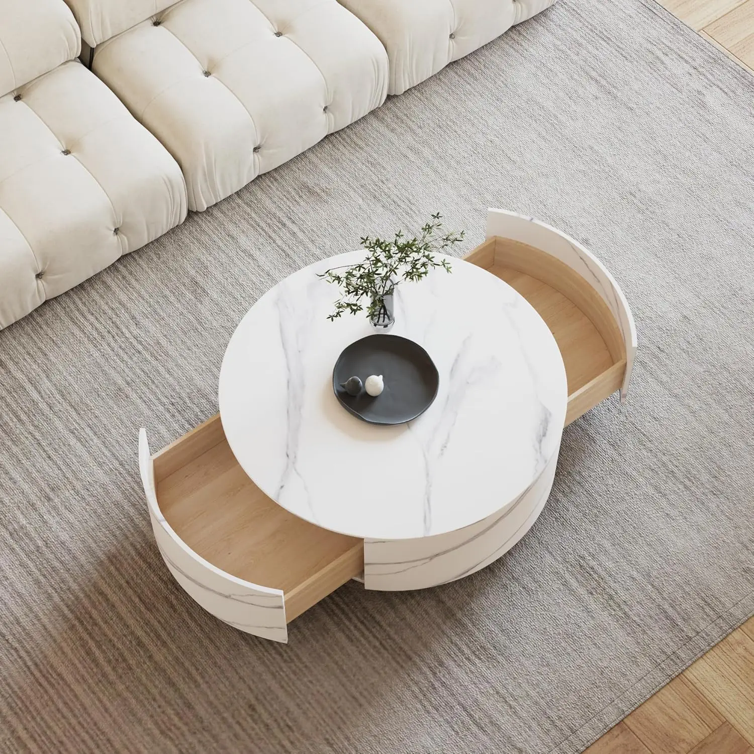 Modern Round Coffee Table with 2 Drawers, Sintered Stone Tabletop and Golden Base, Center Table for Living Room, Fully Assembled