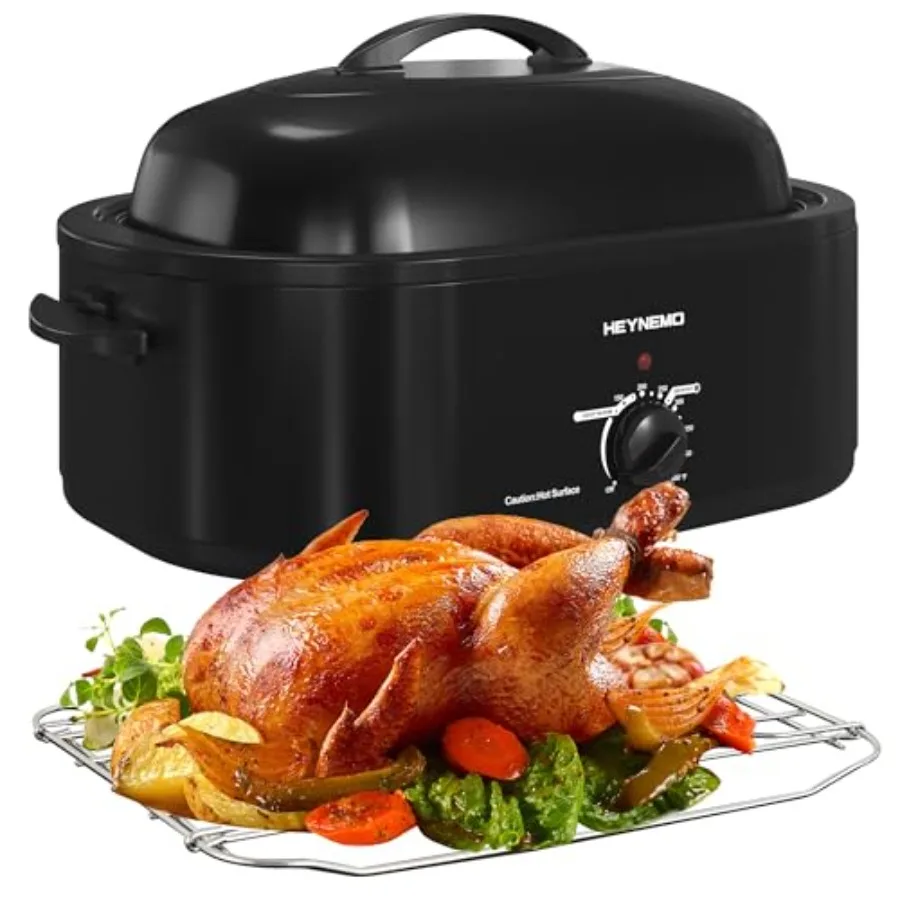 

20 Quart Electric Roaster Oven for home cooking black stainless steel self-basting lid removable non-stick pan and rack