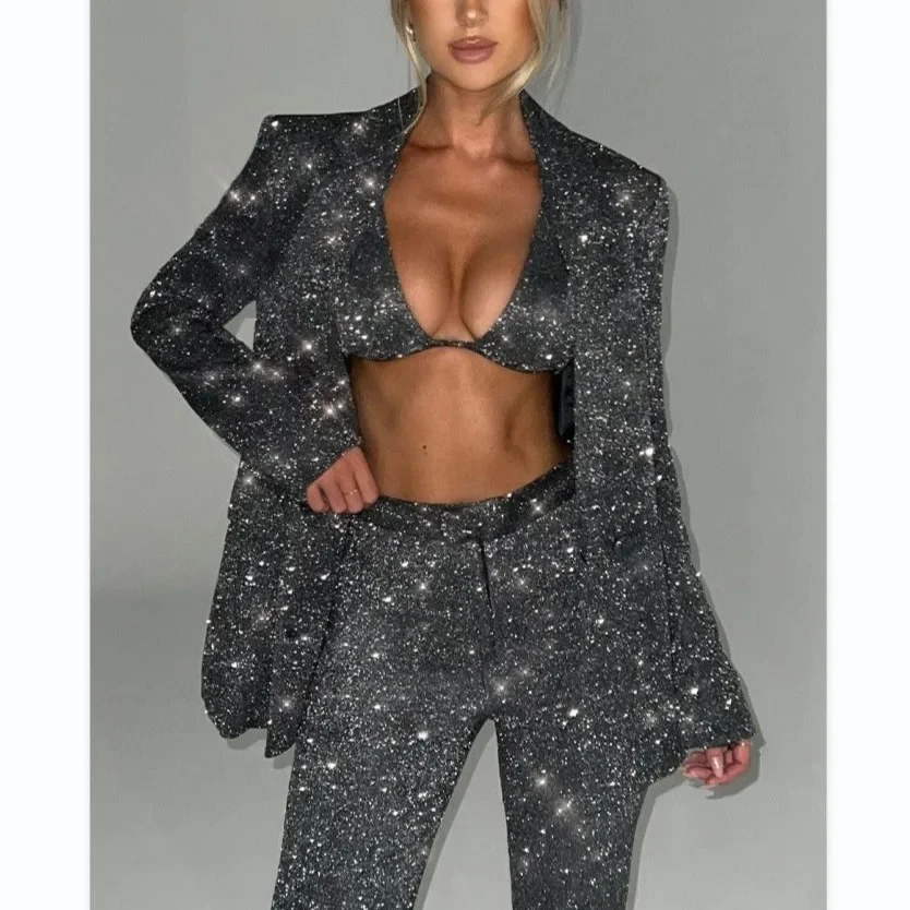 Sliver Sparkly Oversized Blazer Sets For Women Suit Ladies Casual Glitter Coat And Pants Sets Blazer Femme Mujer Party