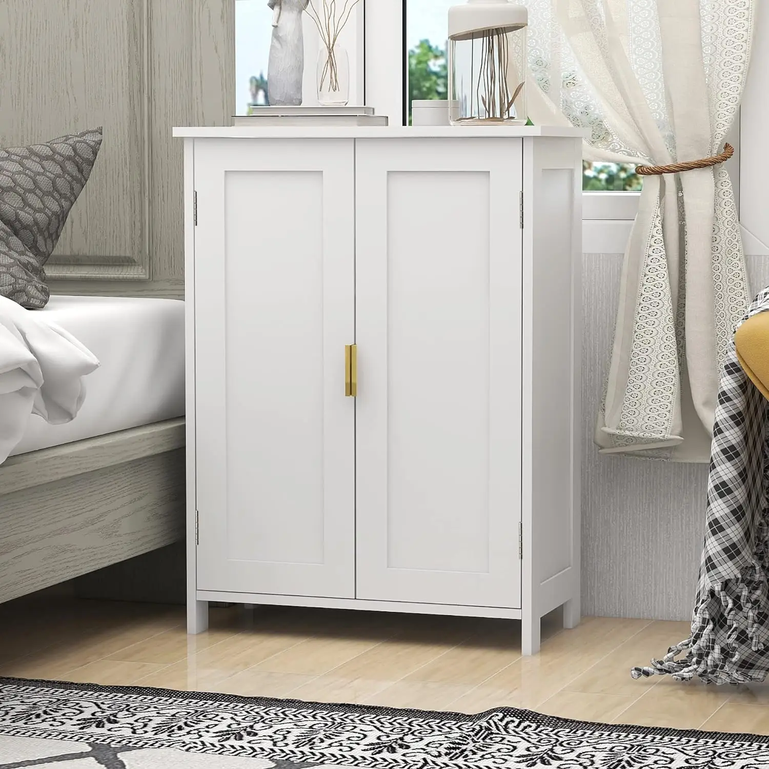 White Bathroom Storage Cabinet,Bathroom Cabinets Freestanding with 2 Doors,Towel Cabinet for Bathroom Floor Cabinet,Restr