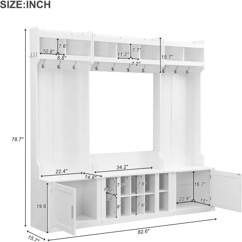 Wide Design Hall Tree with Storage Bench, Coat Rack and Shoe Cubbies for Entryway, Living Room