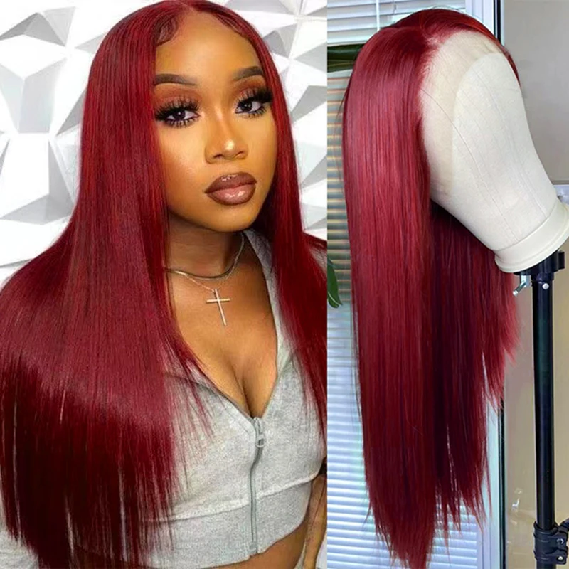 AIMEYA Burgundy Wig Long Silky Straight Synthetic Lace Front Wigs for Women Wine Red Lace Wig Daily Used Cosplay Party Hair