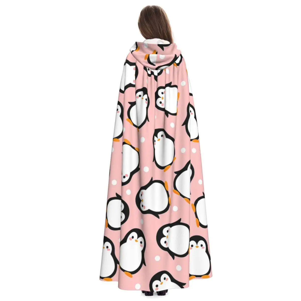 Cute Penguin On Pink Long Hooded Cloak Witch Medieval Costume Cosplay Cape HalloweenCoat Adult Unisex view 3