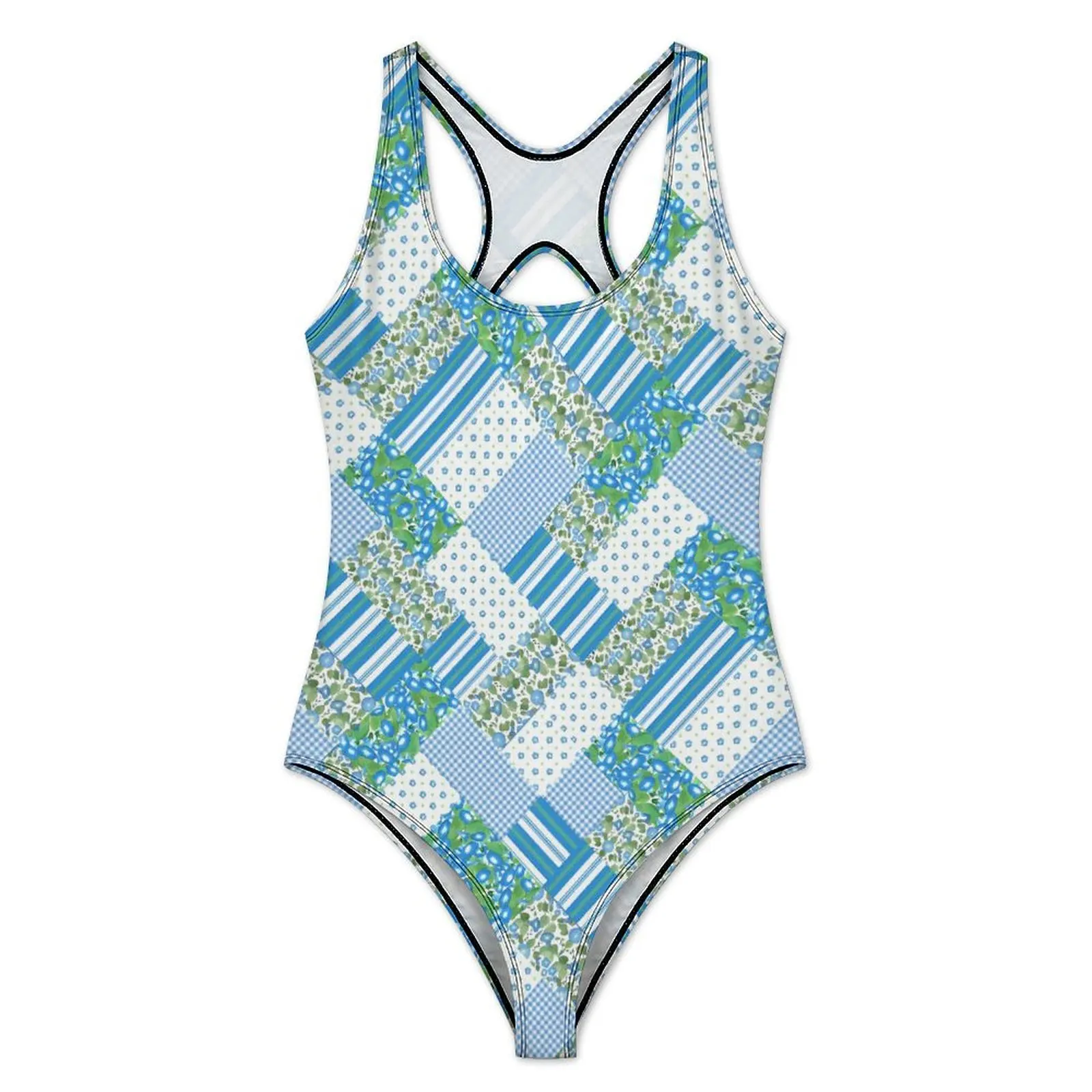 Blue Striped Polka Dot Swimsuit Patchwork Print Swimwear Surfing Swimsuits Cut Out Bathing Suits Women Push Up Beach Outfits