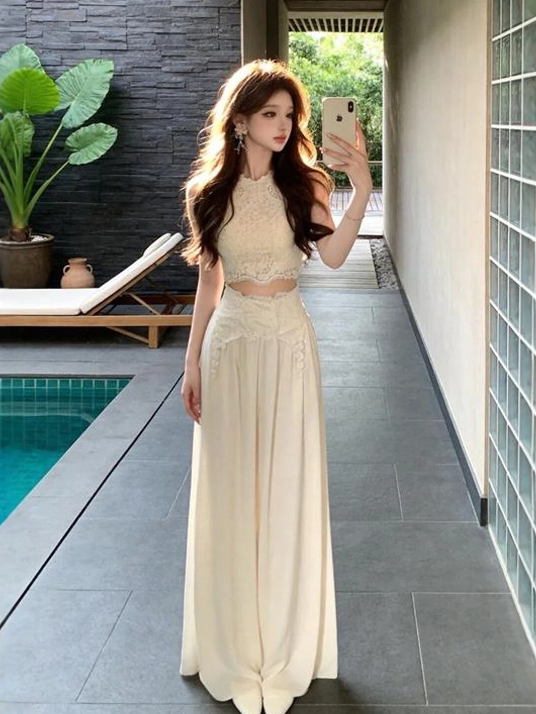 

Pure Desire Lace Top And High Waist Skirt Set Summer 2026 Fashion Casual Comfortable Breathable Unique Style Half Length Skirt