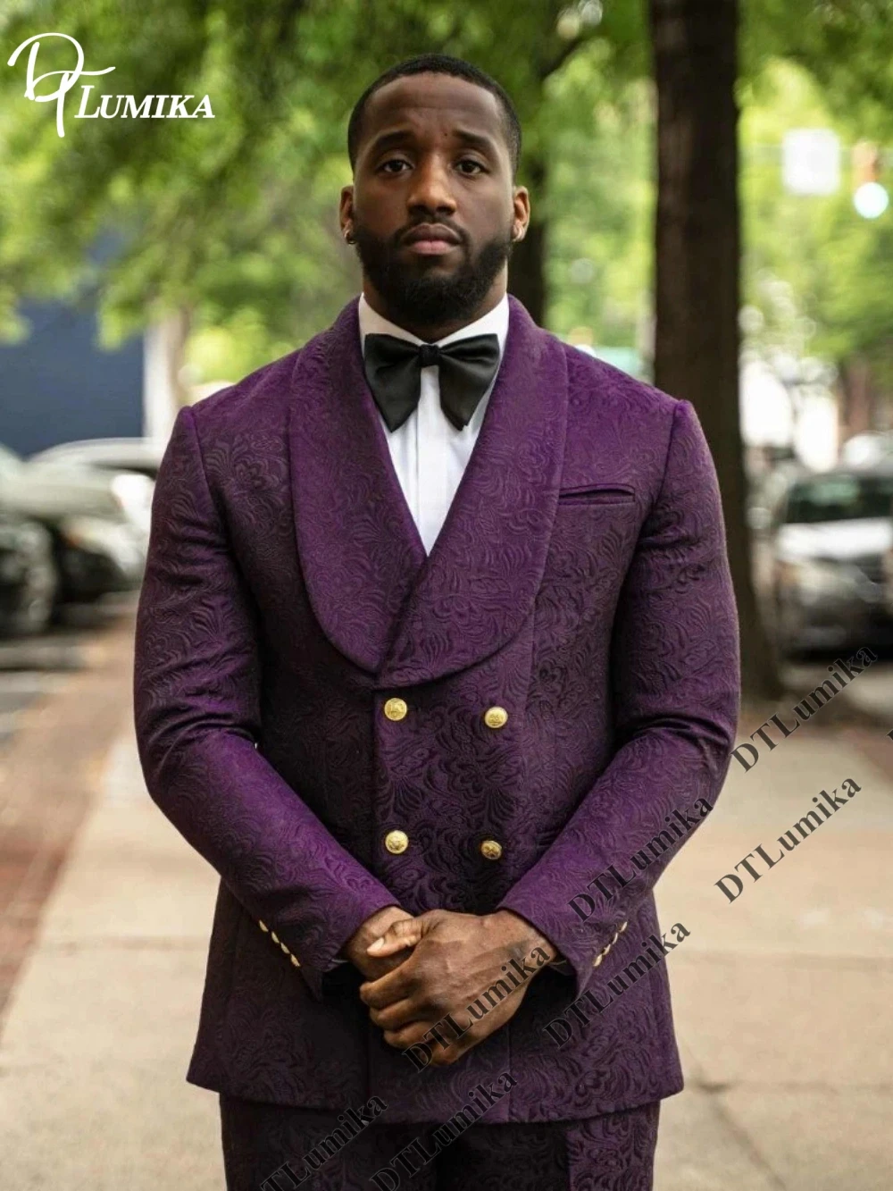 Two Pieces Elegant Double Breasted Jacquard Suit Pant for Men, Gold Buttons Tailored Fit Wedding Groom Suits, Plus Size Tuxedo