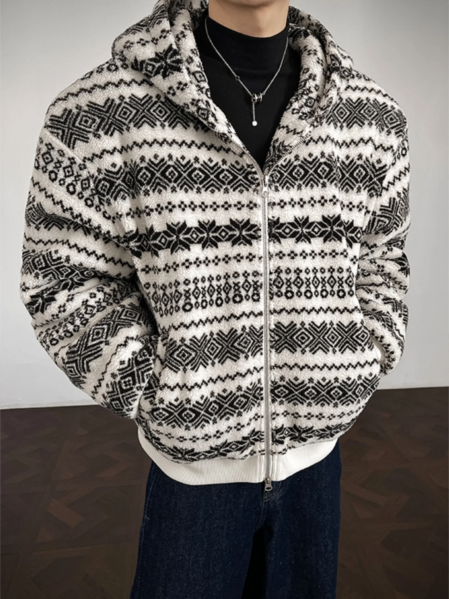 

Thiened Lamb Velvet Cotton Jaet Men's Winter Coat American Retro Sle National Trend Zipper Closure Warm Casual Outerwear